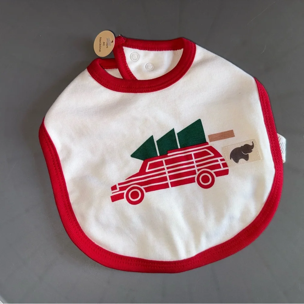 Charming Organic Red and White Kids Bib with Car and Tree Design, Christmas